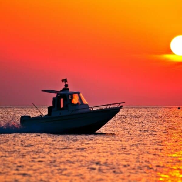 A boat in the sea at sunset time