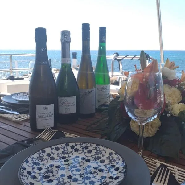 Bottles of wine and plates on a table